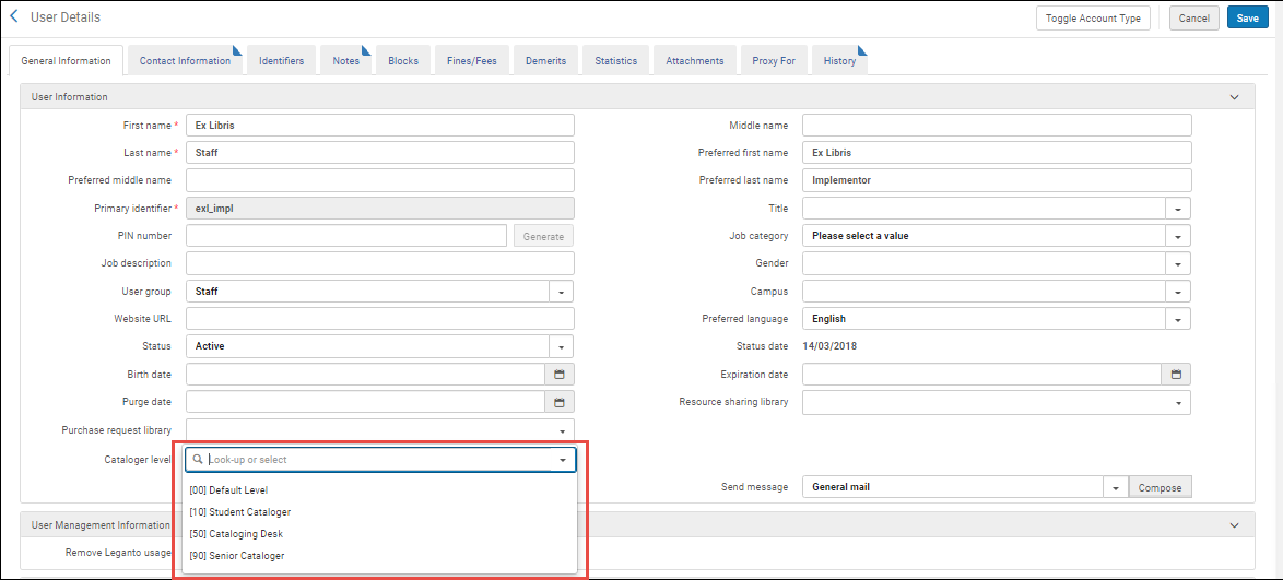 The Cataloger level on user details.
